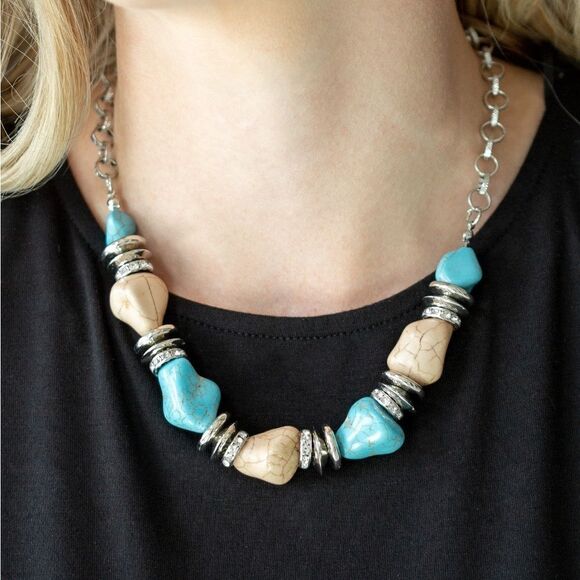 Jewelry - Set!! Turquoise and white crackle stone beads on silver tone chain and earrings